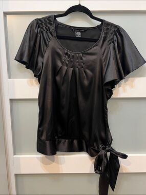 Robert Louis Black Satin Tie-Side Flutter Sleeve Blouse
